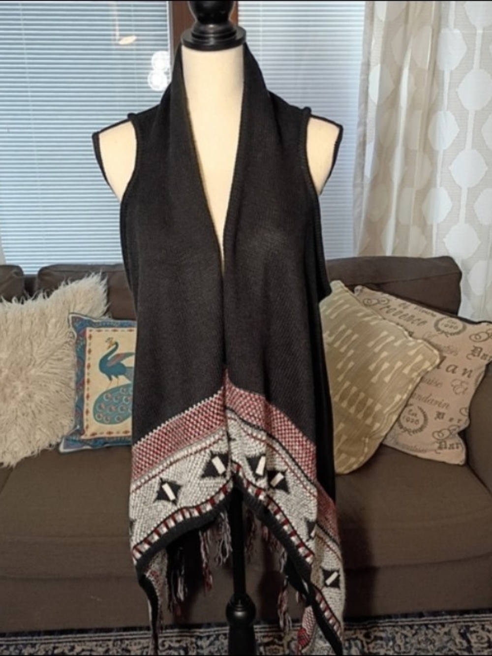 Whimsigoth Geometric Print Sleeveless Open-Front Long Cardigan Vest Fringe Hem